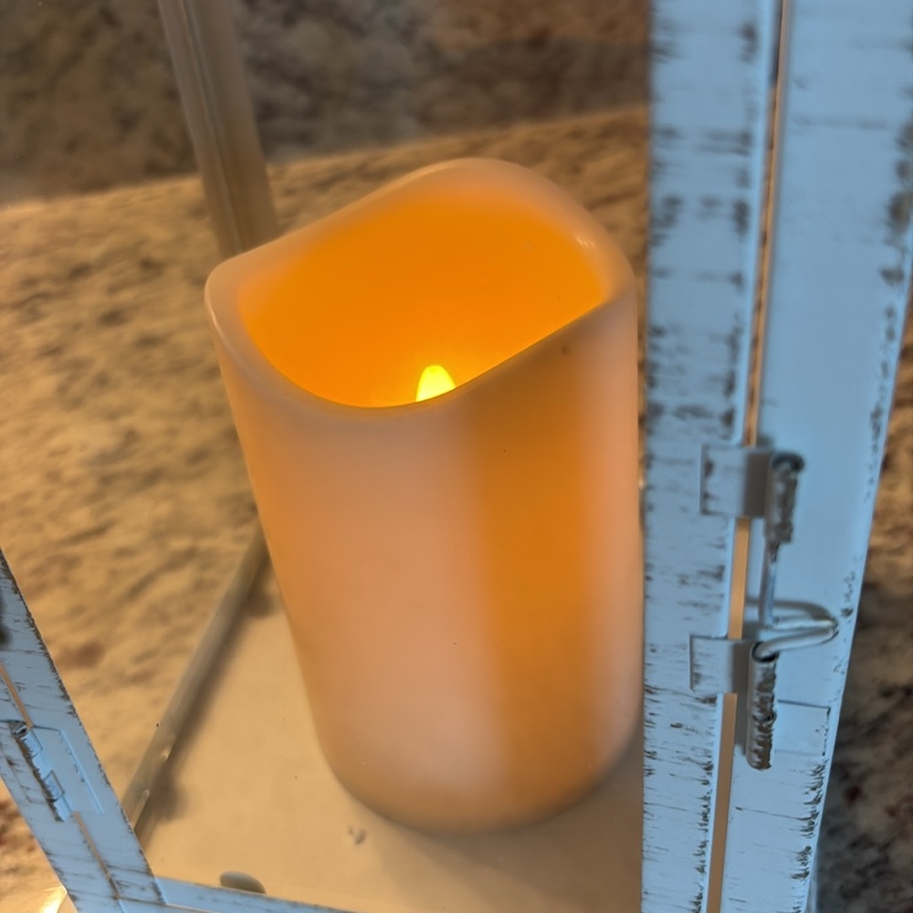 Rustic White Lantern with Greenery and Candle - Picture 6 of 6